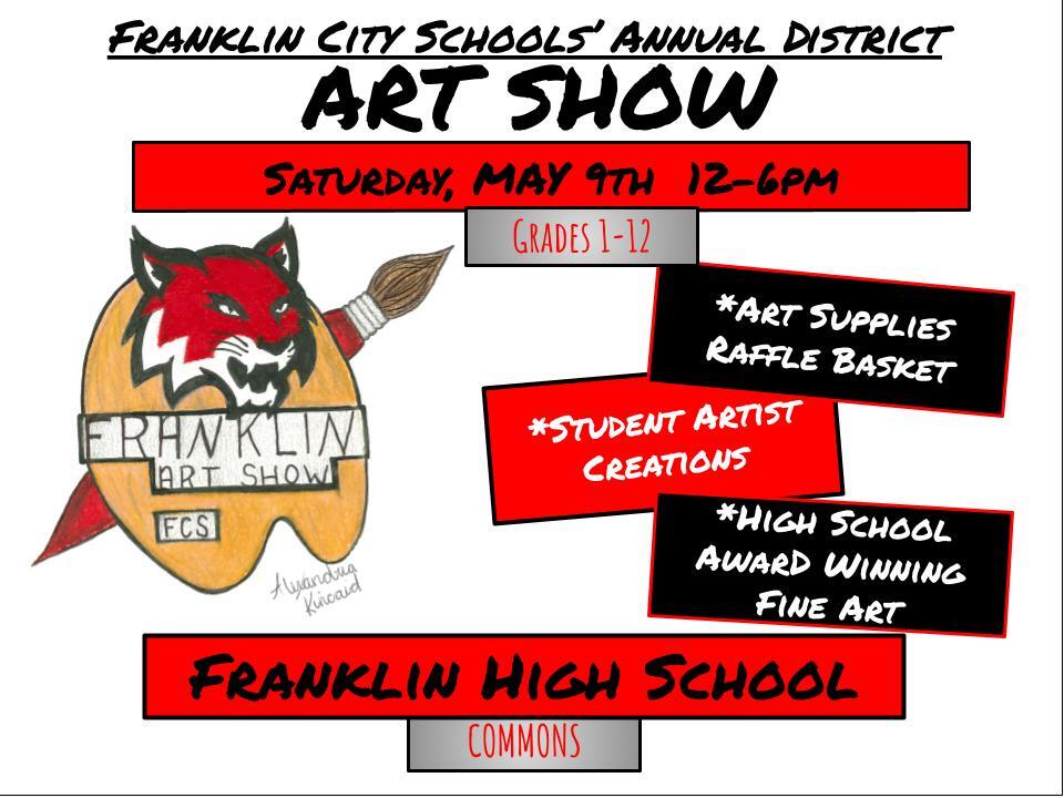 Information about the district art show including the district mascot with a painters; palette and paintbrush.